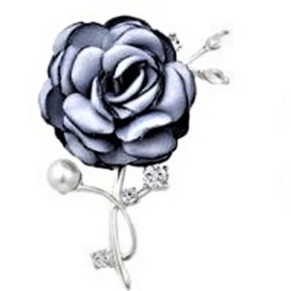 Gray Fabric Rose Pearl Rhinestone Silver Brooch Pin New - Picture 1 of 2